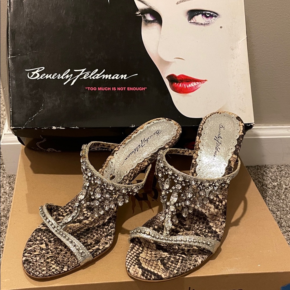 Beverly Feldman Snake Print Heels - Brown and Silver